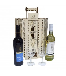 Gift Package in Wooden Box With 2 Wines and Glasses